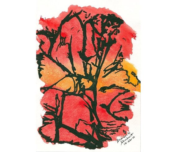 570x489 Abstract Painting Tree Silhouette Sunset Ooak By Graywolfgallery