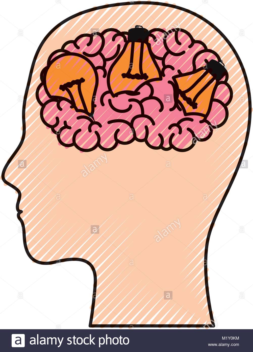 1002x1390 Human Face Silhouette With Brain And Light Bulbs In Colored Crayon