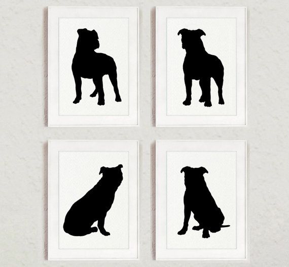 570x528 Pitbull Set Of 4 Dog Home Decor Pit Bull Silhouette Ink