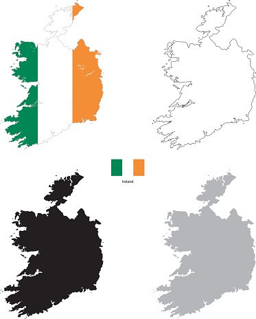 373x464 Ireland Country Black Silhouette And With Flag On Background Stock