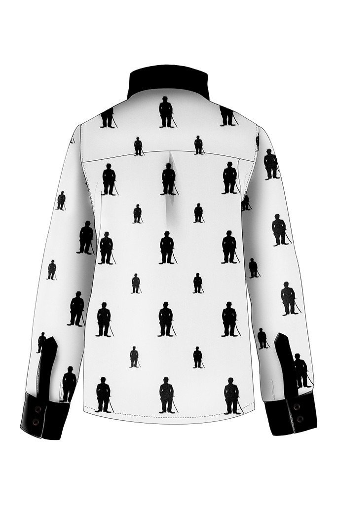 683x1024 White Cotton Boys Shirt With Charlie Chaplin Silhouette And Black