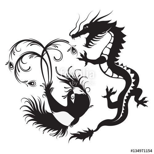 500x500 Silhouette Of Phoenix Bird And Dragon. Symbol Of Balance. Dragon