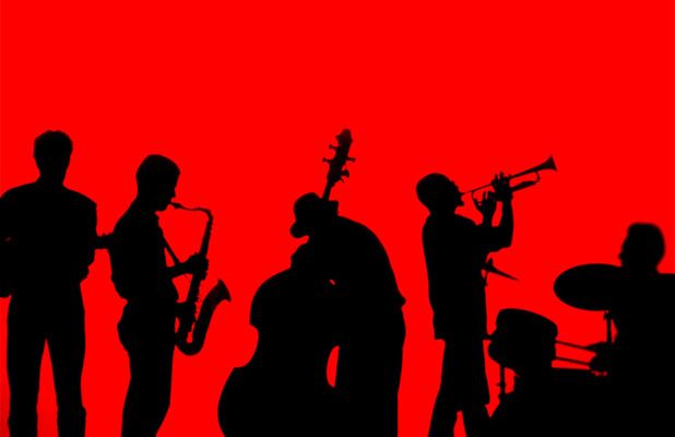 618x400 Jazz Band Performance ~ Silhouette Black On Red