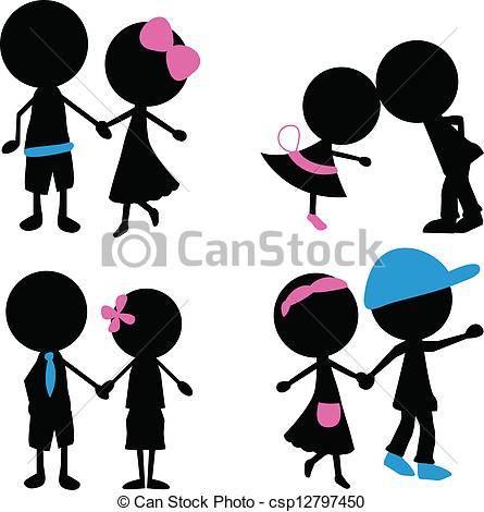 445x470 Silhouettes Stick Figure Couple With Different Jobs Clipart Vector