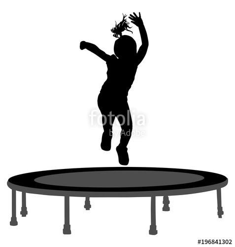 477x500 Child Silhouette Jumping On Garden Trampoline Vector Illustration