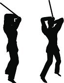 131x170 Silhouettes Of Men And Women In Sword Fight Karate Poses Stock