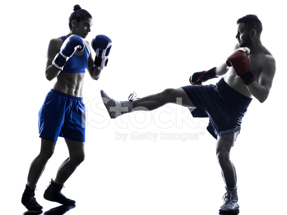 587x440 Woman Boxer Boxing Man Kickboxing Silhouette Isolated Stock Photos