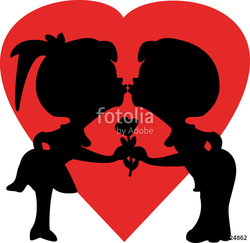 500x485 Vector Illustration Of Two Children Kissing Silhouette Stock