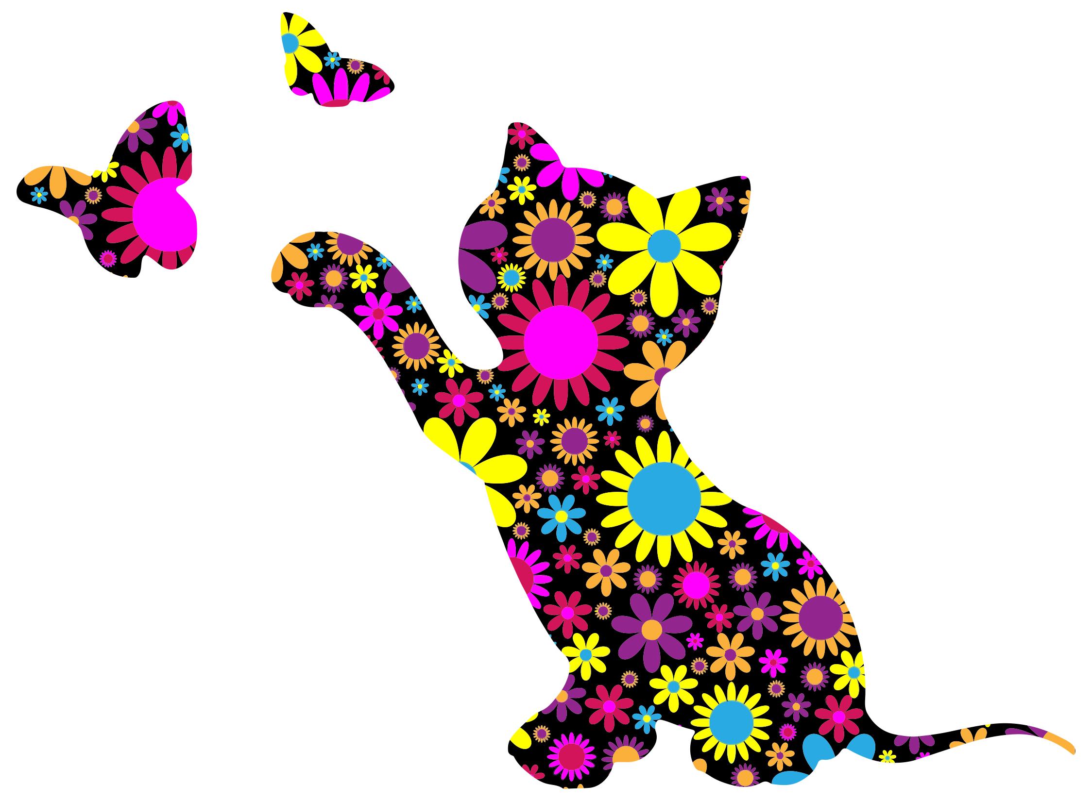 2248x1650 Floral Kitten Playing With Butterflies Silhouette Clipart