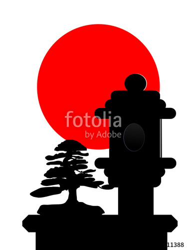 375x500 Bonsai Stone Lantern Silhouette With Red Sun Stock Image
