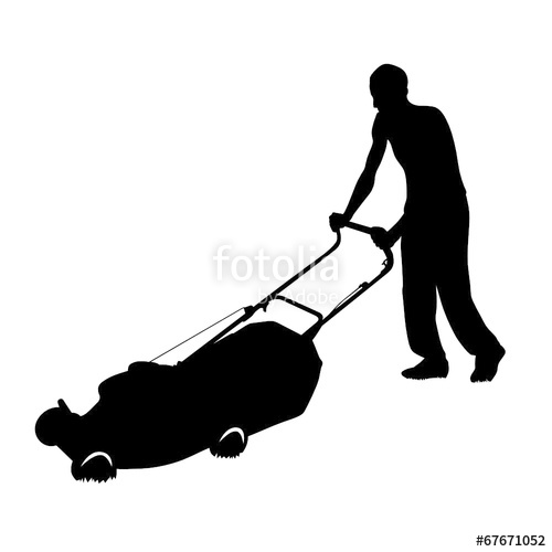 500x500 Man Cutting The Grass With Lawn Mower Vector Silhouette Stock