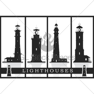 325x325 Lighthouses. Set Of Silhouettes Of Large Lighthouses Over Gl