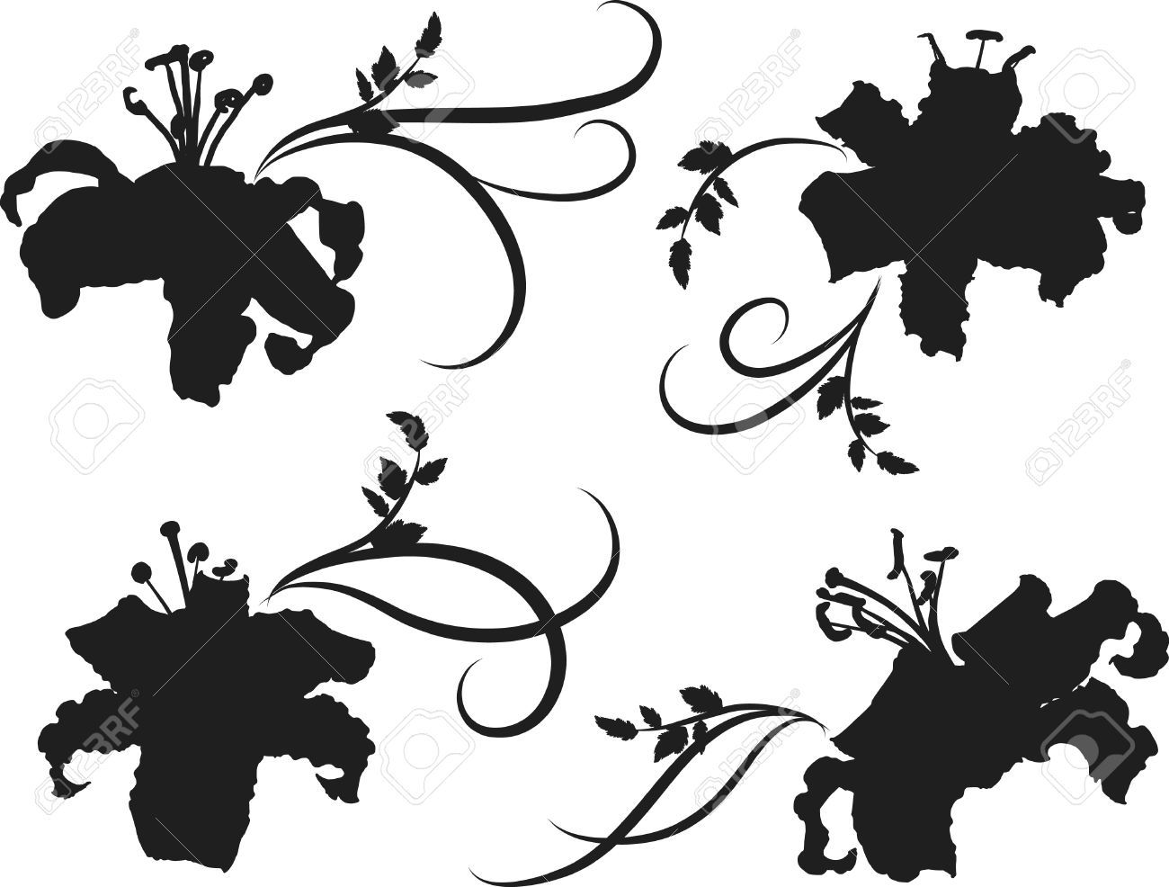 1300x986 Tiger Lilies Silhouette Set. One Color. Royalty Free Cliparts