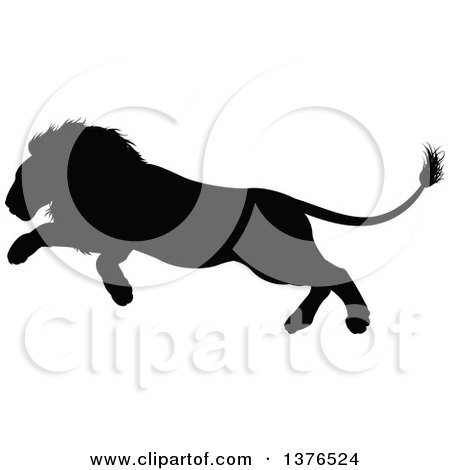 450x470 Clipart Of A Black Silhouetted Male Lion Running