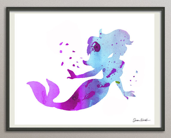 570x463 Blue Purple Mermaid Print Mermaid Watercolor Print Ariel