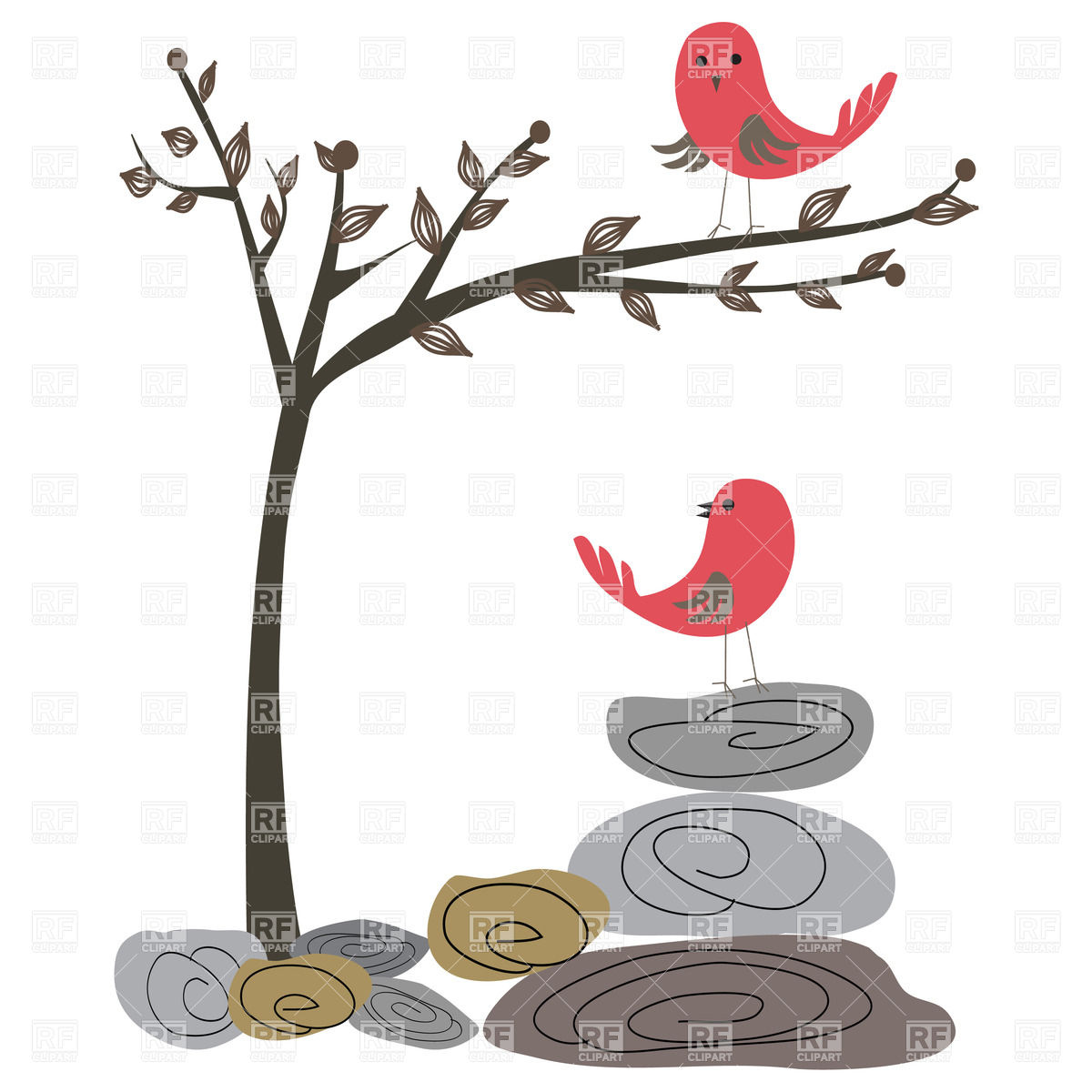 1200x1200 Two Red Birds, Tree And Stones Royalty Free Vector Clip Art Image
