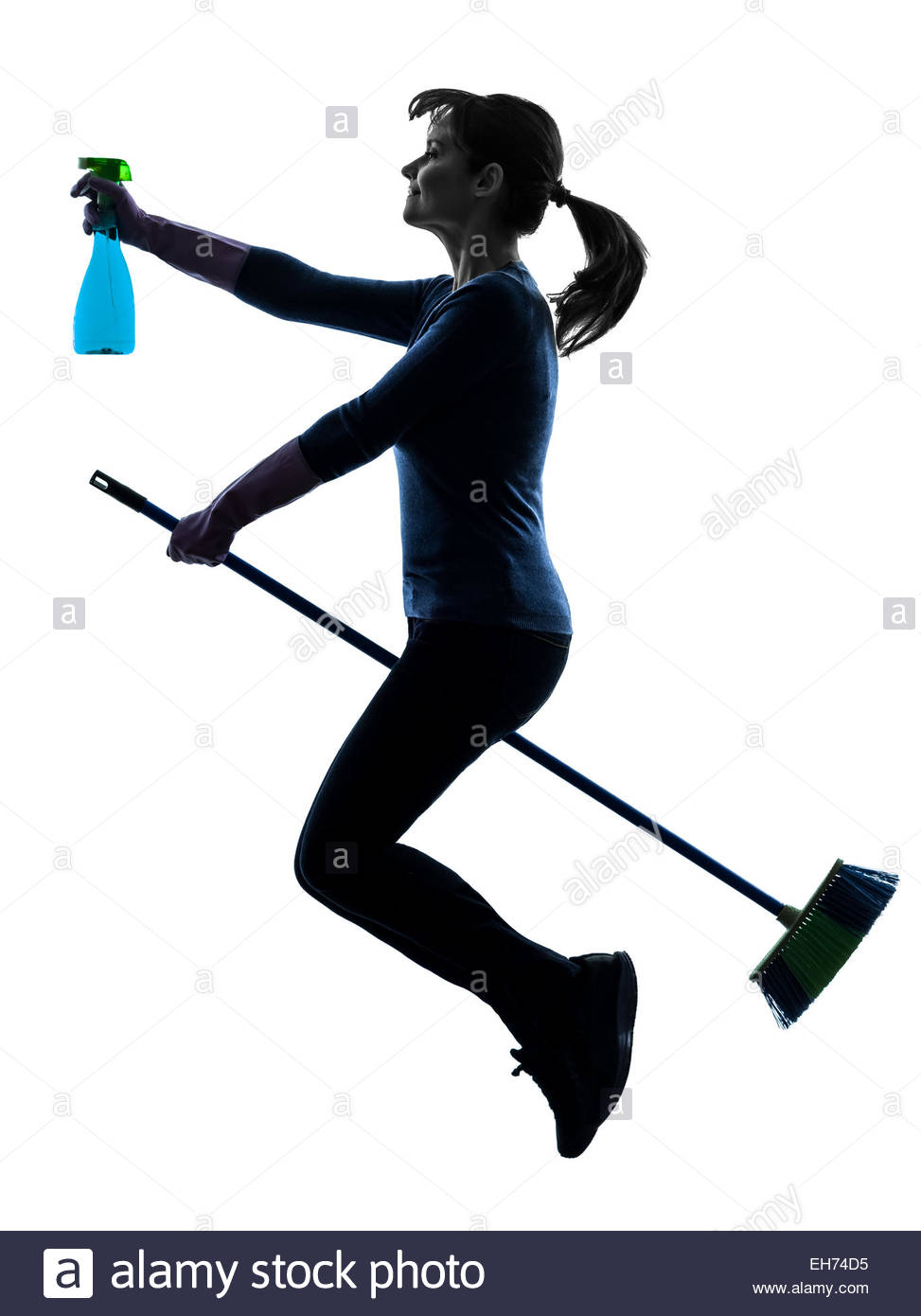 973x1390 One Woman Maid Dust Cleaning Flying Broom In Silhouette Studio