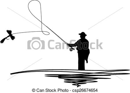 450x320 Silhouetted Man Casting Fishing Fly. Cartoon Illustration