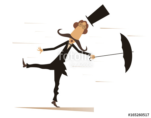 500x392 Cartoon Man, Umbrella And Windy Day Isolated. Funny Mustache Man