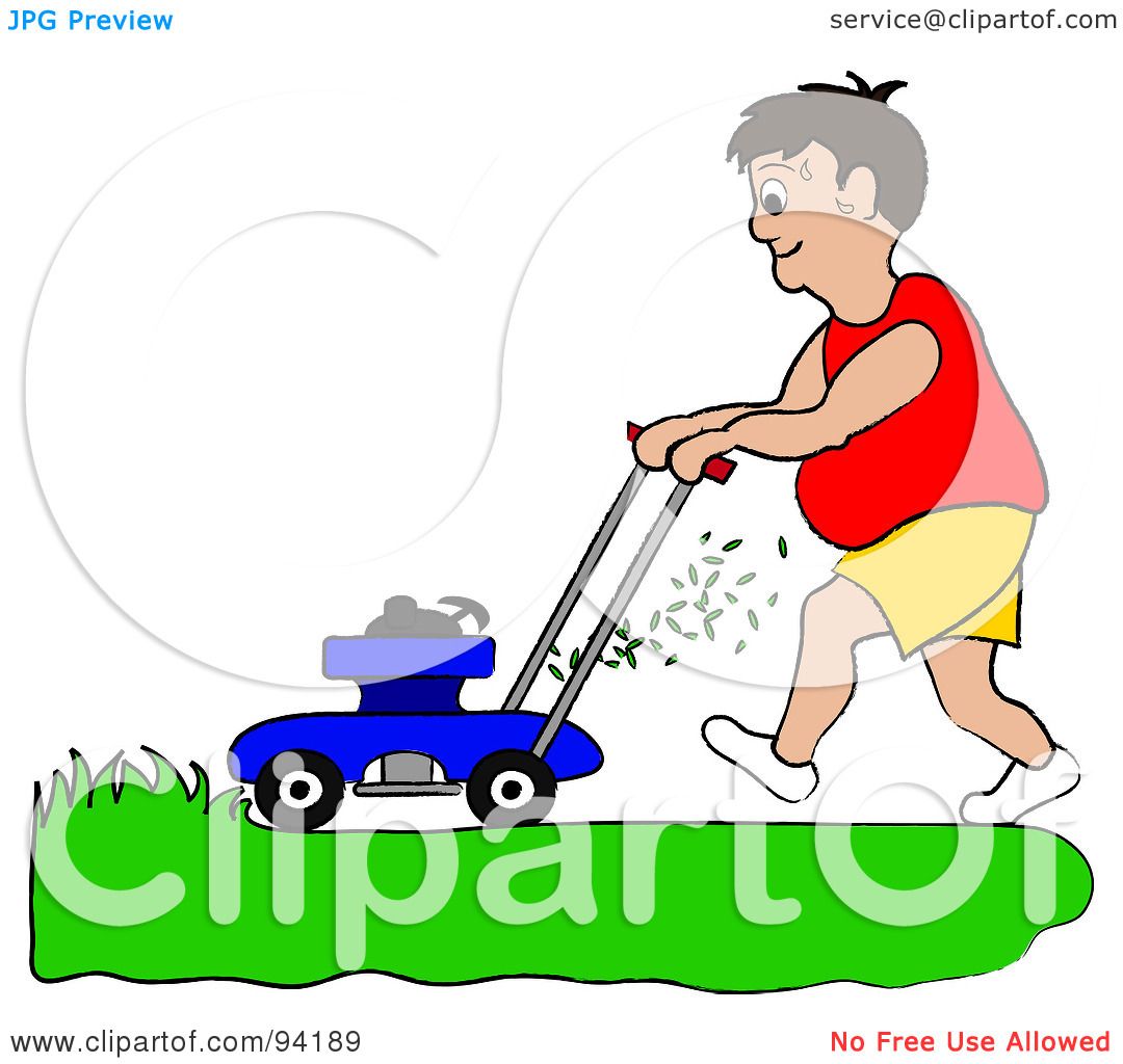1080x1024 Royalty Free (Rf) Clipart Illustration Of A Fat Man Mowing A Lawn
