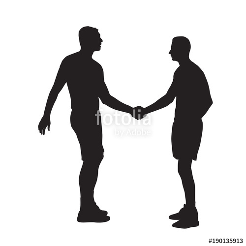 500x500 Two Men Shaking Hands, Side View. Vector Isolated Silhouette