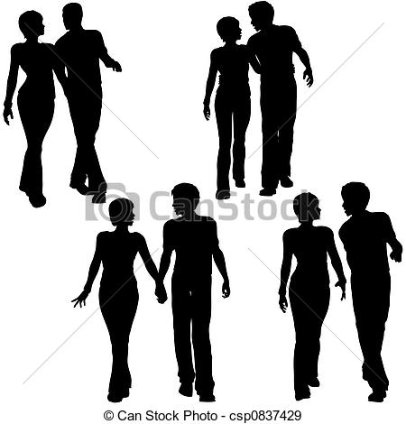 450x470 Man Woman Couple Walk Silhouettes. Collection Of 4 Stock
