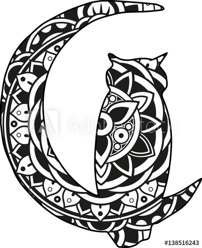 409x500 Vector Illustration Of A Mandala Moon And Owl Silhouette