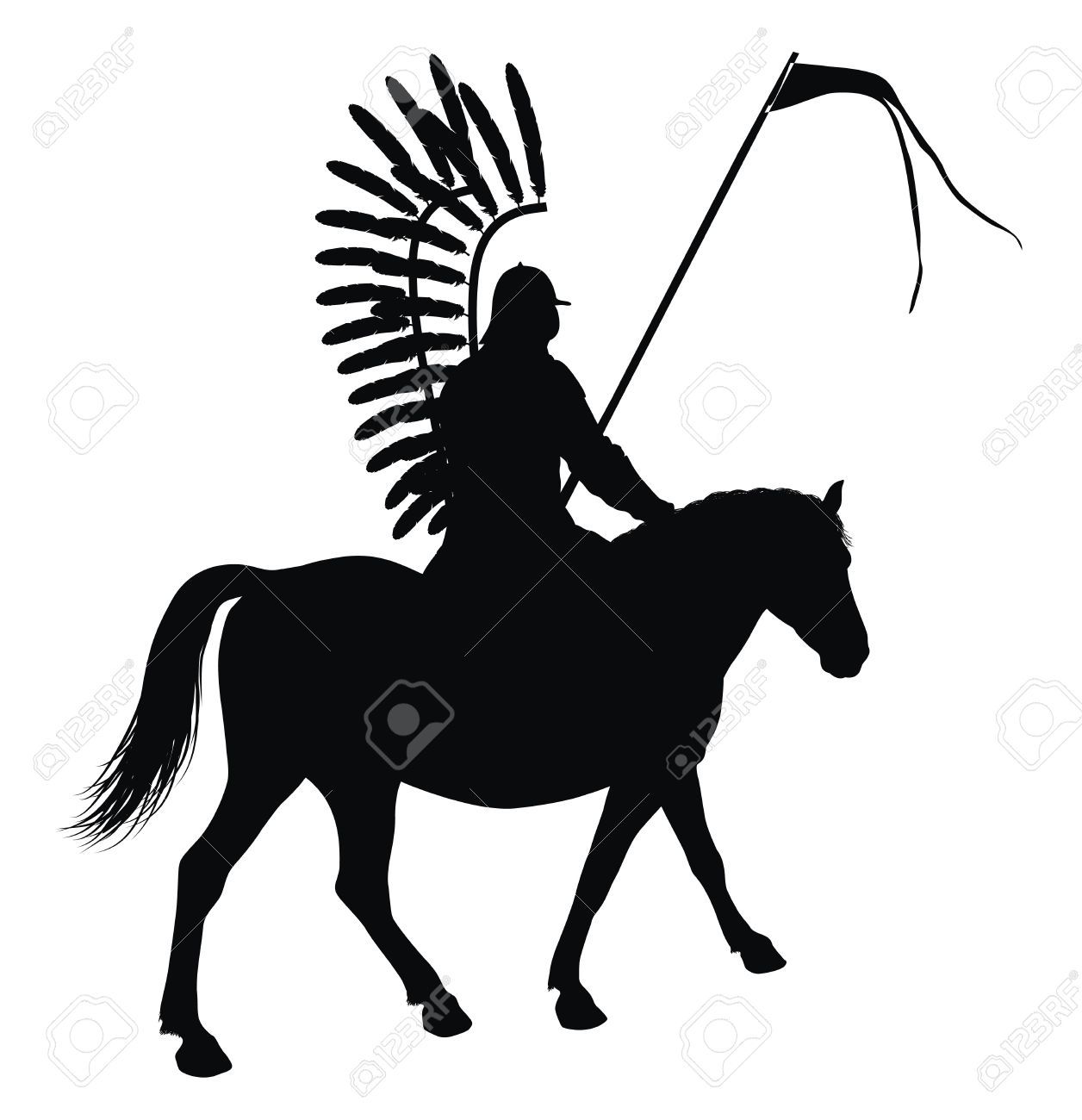 1256x1300 Medieval Warrior With Flag On Horseback Detailed Vector Silhouette