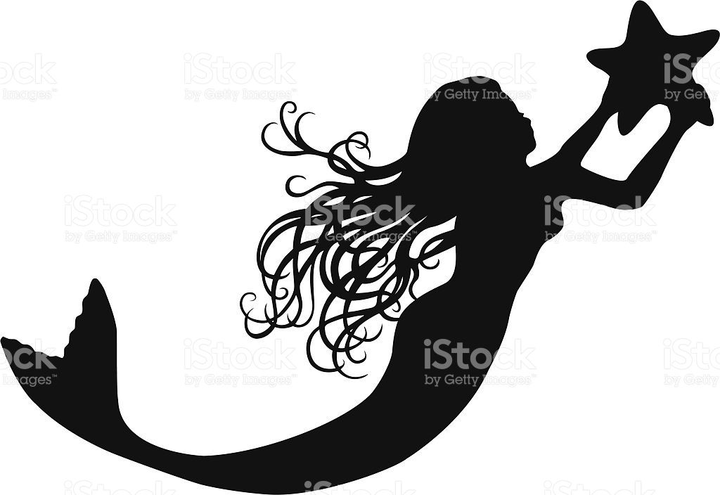 1024x704 Mermaid And Starfish Silhouette. Beautiful Swimming Mermaid