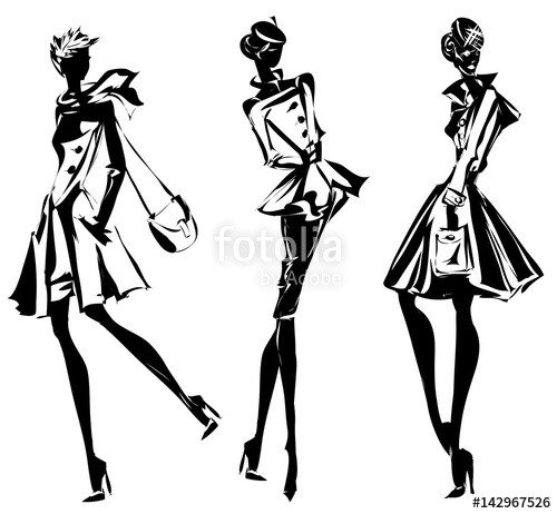 500x462 Black And White Retro Set, Fashion Models Silhouette Sketch Style