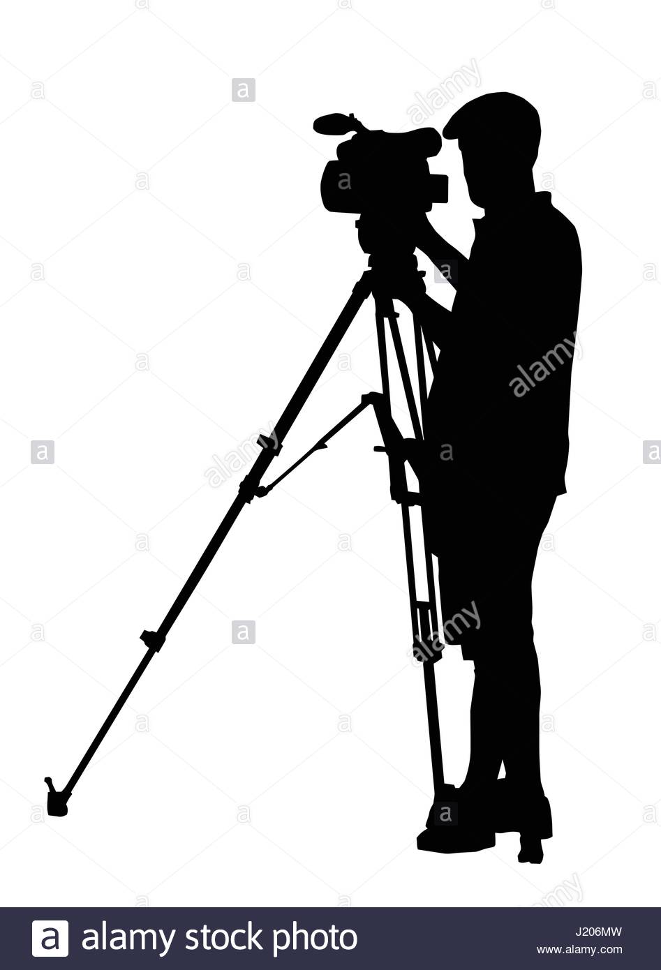 947x1390 Silhouette Of Movie Cameraman With Camera On Tripod Stand Stock