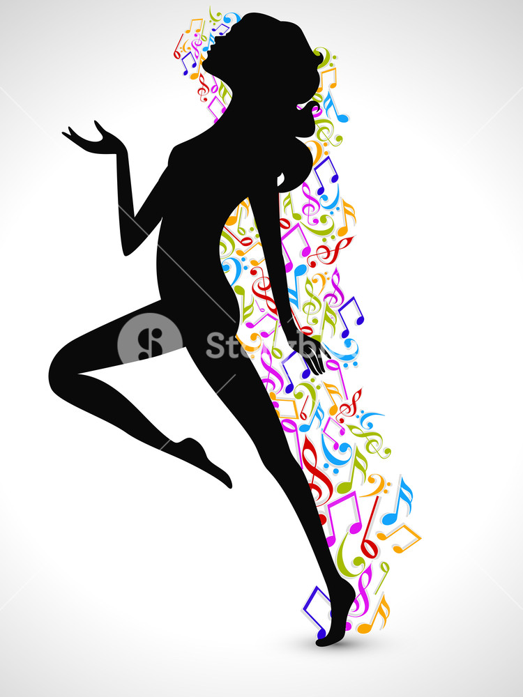 750x1000 Silhouette Of A Dancing Girl With Colorful Musical Notes On Shiny