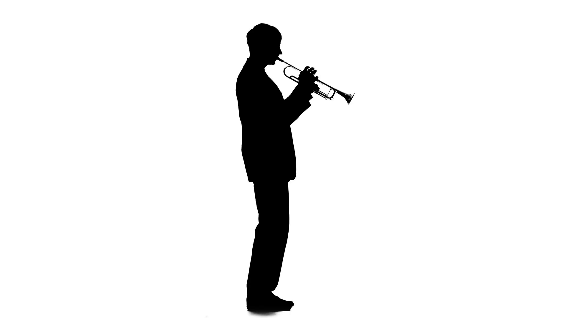 1920x1080 Musician Playing Trumpet Dancing To The Melody. Silhouette Stock