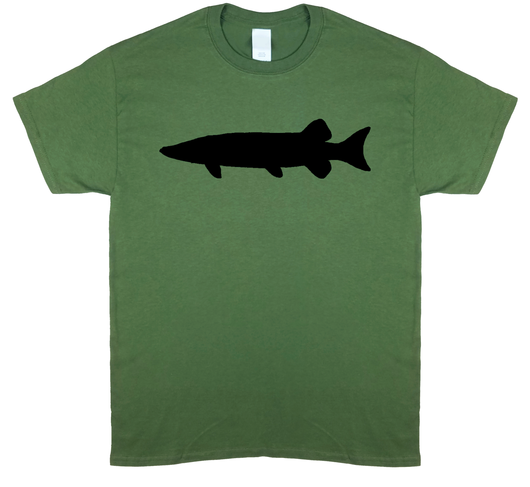 530x487 Muskie Silhouette, Olive Green Short Sleeve Fishing T Shirt