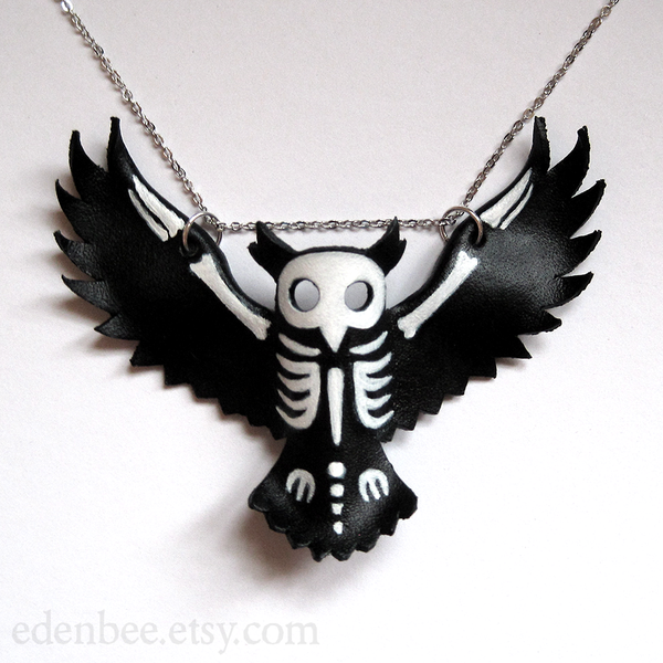 600x600 Owl Silhouette And Skeleton Leather Pendant By Shmeeden