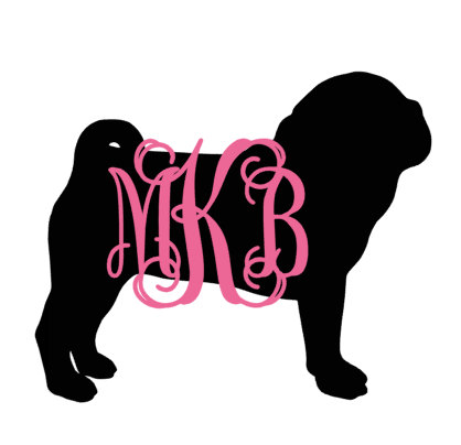 418x404 Monogram Pug Silhouette With Name Decal For Car, Laptop, Cup, Cell