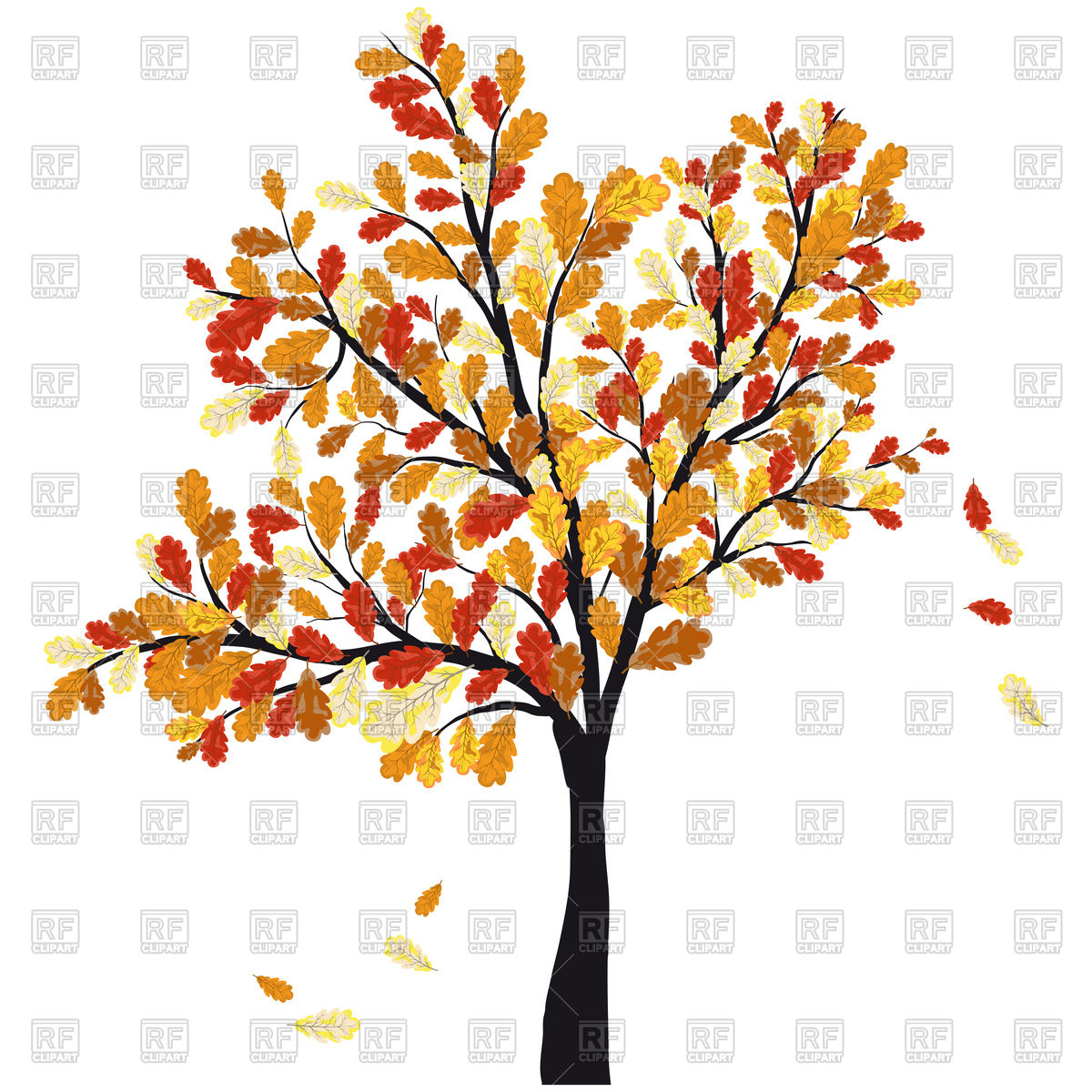 1200x1200 Autumn Oak Tree With Falling Leaves Royalty Free Vector Clip Art
