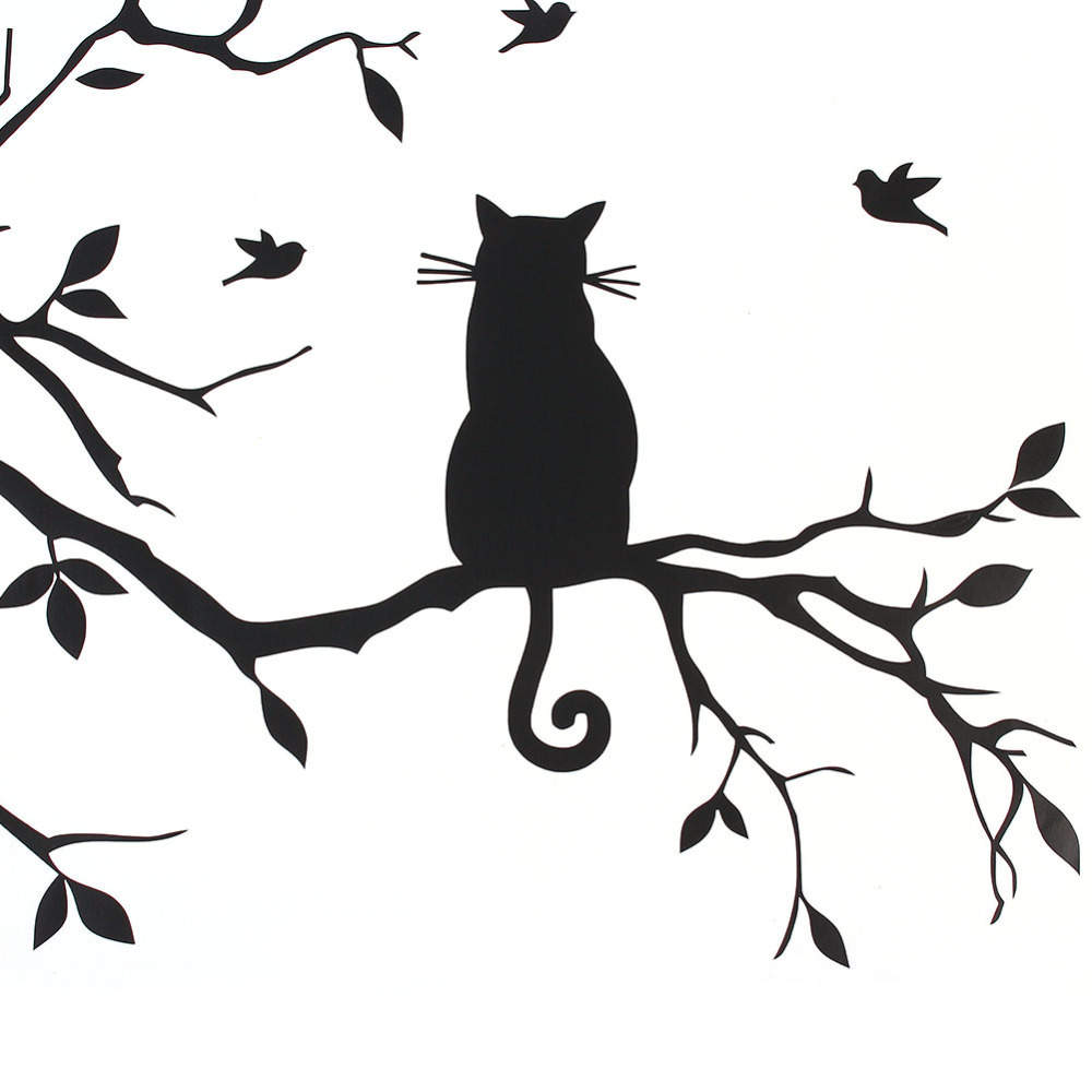 1000x1000 Cat On Tree Branch Birds Wall Sticker Home Decor Tree Wall Decal
