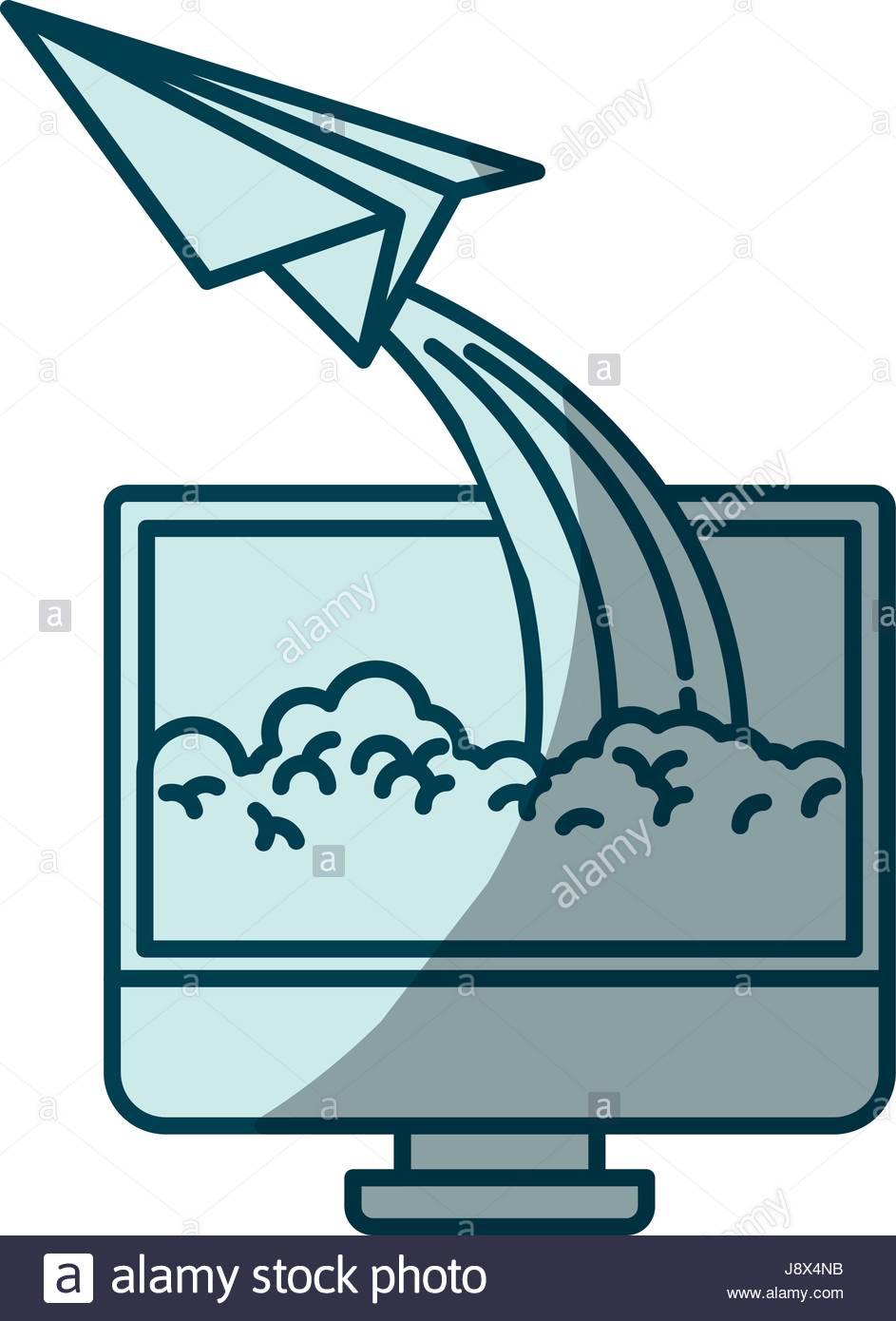 943x1390 Blue Shading Silhouette Of Lcd Monitor And Paper Plane Stock