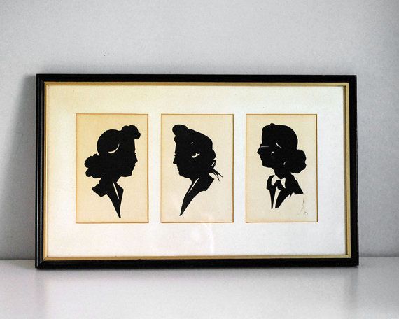 570x456 Paper Cut Silhouettes, 1940s Women Portraits, Vintage Folk Art