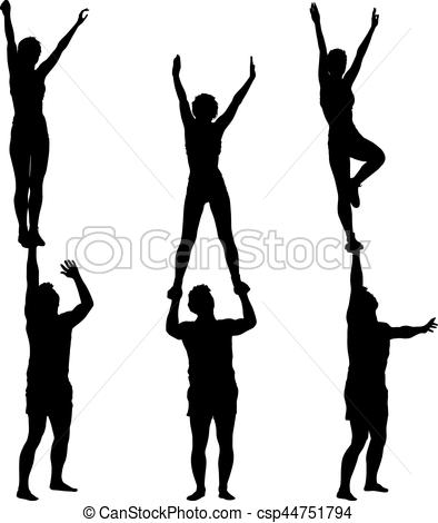 394x470 Set Black Silhouette Two Acrobats Show Stand On Hand. Vector