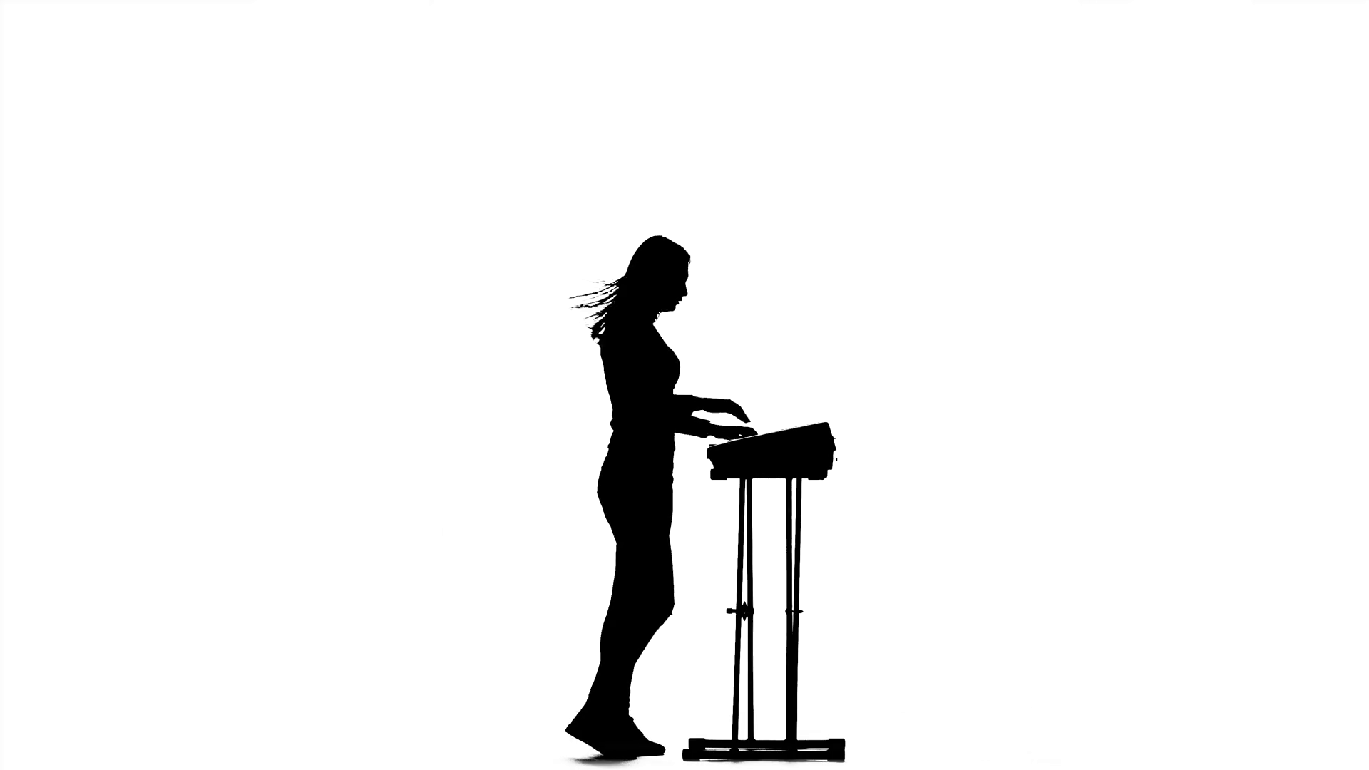 1920x1080 Silhouette. Piano. Girl Playing Fast Music And Claps. Studio Stock