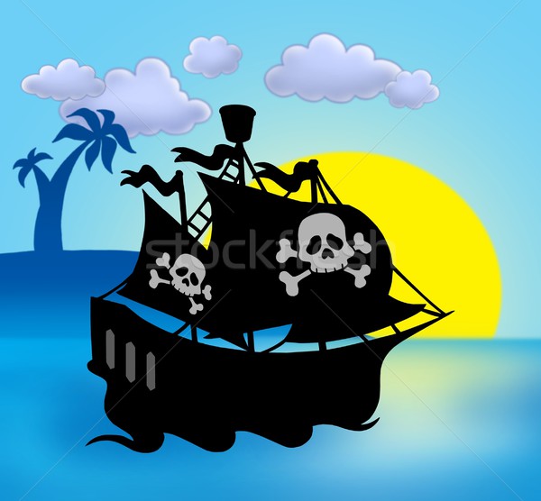 600x556 Sunset With Pirate Ship Silhouette Stock Photo Klara Viskova