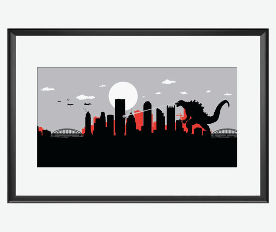 570x480 Pittsburgh Skyline Print Kaiju Print Godzilla Inspired