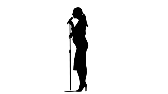 590x332 Woman Sings In Karaoke, She Is Pregnant. Silhouette. White