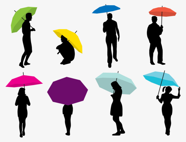 650x498 Vector People Walking In The Rain, Colored Umbrella, Black