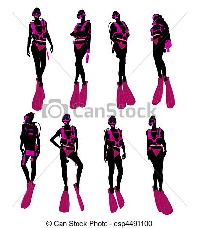 411x470 Female Scuba Diver Illustration Silhouette. Female Scuba Stock