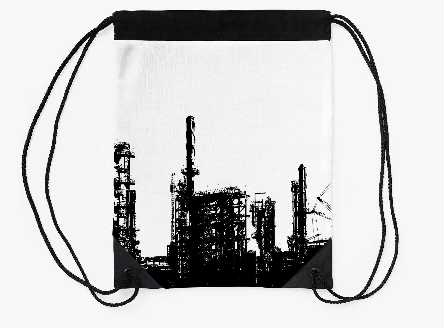 1690x1250 Vintage Oil Refinery Architectural Silhouette Drawstring Bags By