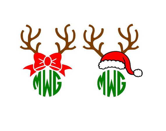570x449 Christmas Reindeer Antlers Bow Santa Hat Monogram Cutting File Svg