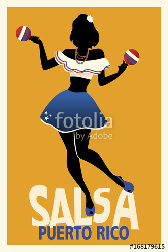 334x500 Silhouette Of Girl Dancing Salsa With Maracas. Retro Style Puerto